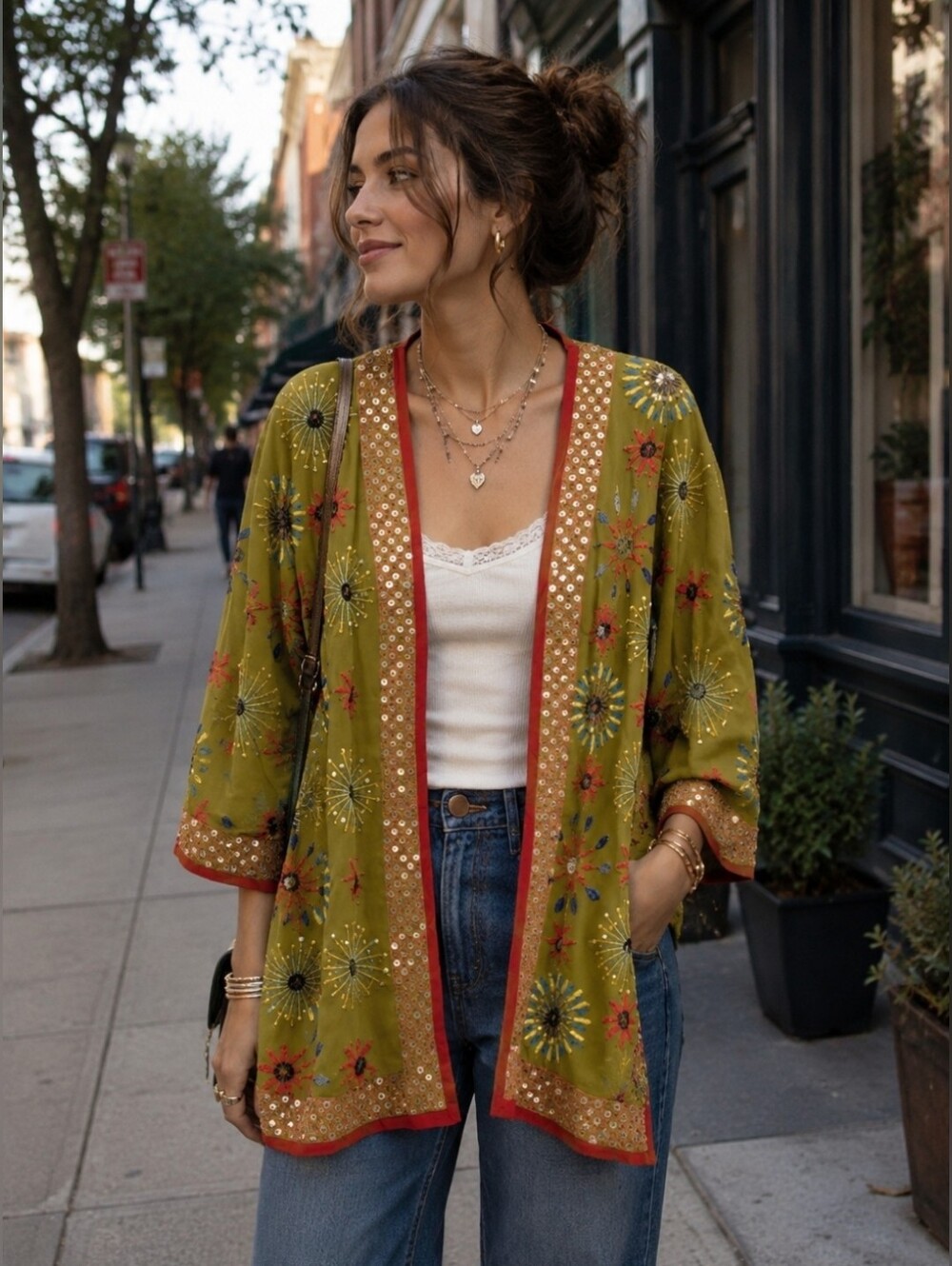 Bohemian Embroidered Sequence Green Sheer Chiffon Open Cardigan Medium